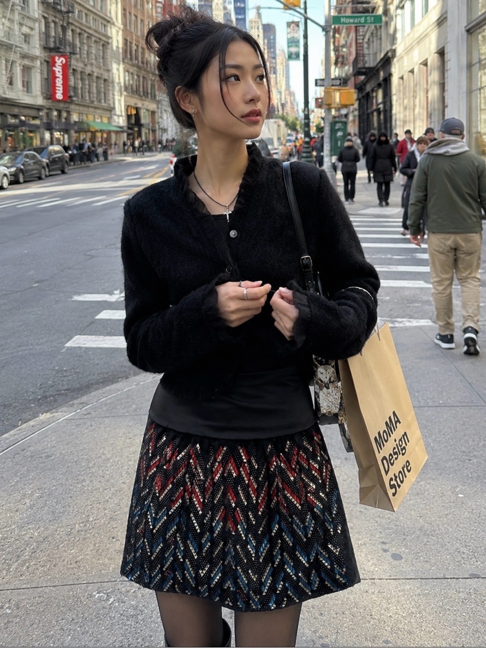Designer Tsumori Chisato Skirt Studded Black Wool Mohair Faux Leather High Waist